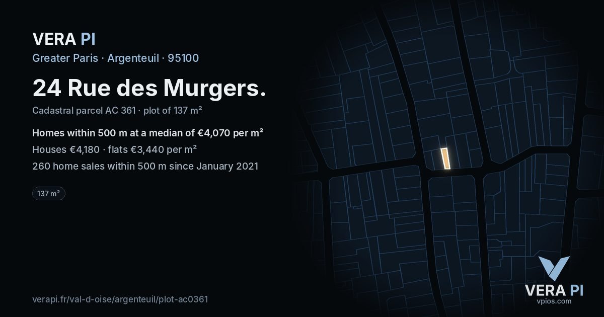 24 Rue des Murgers, Argenteuil at night – the plot lit, the parcels around coloured by the prices near them