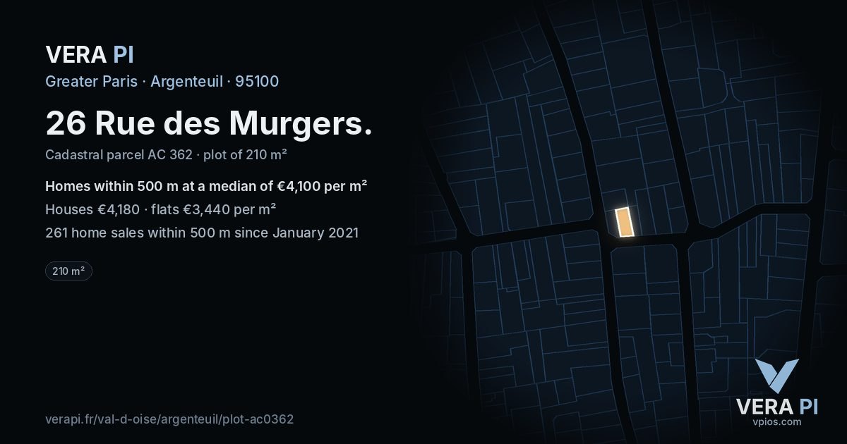 26 Rue des Murgers, Argenteuil at night – the plot lit, the parcels around coloured by the prices near them