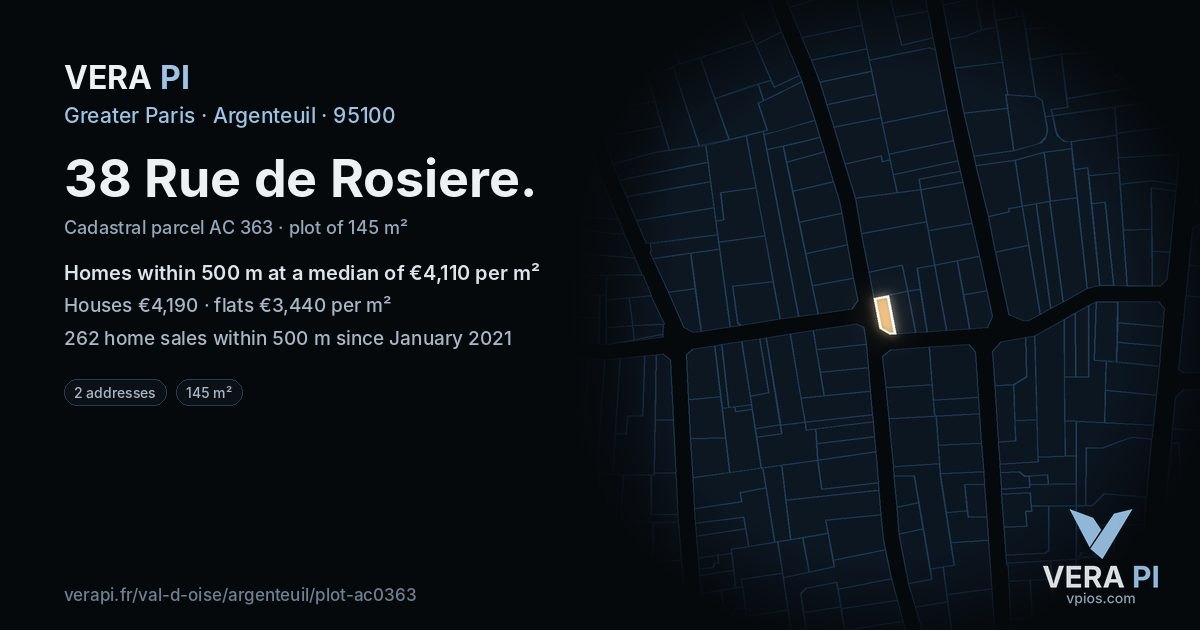 38 Rue de Rosiere, Argenteuil at night – the plot lit, the parcels around coloured by the prices near them
