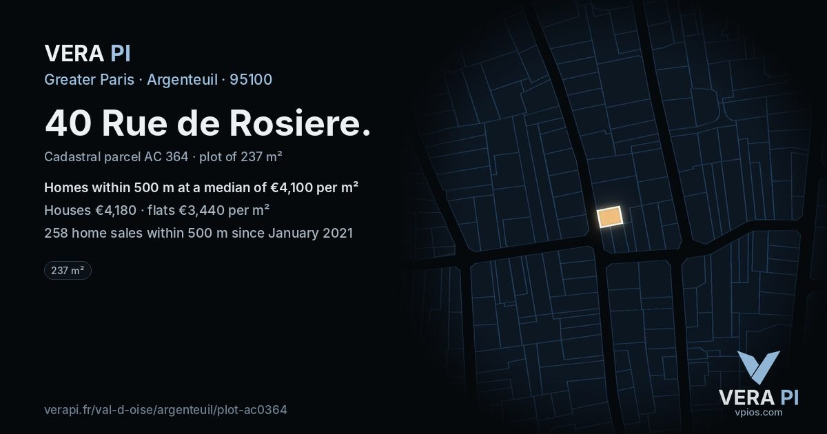 40 Rue de Rosiere, Argenteuil at night – the plot lit, the parcels around coloured by the prices near them