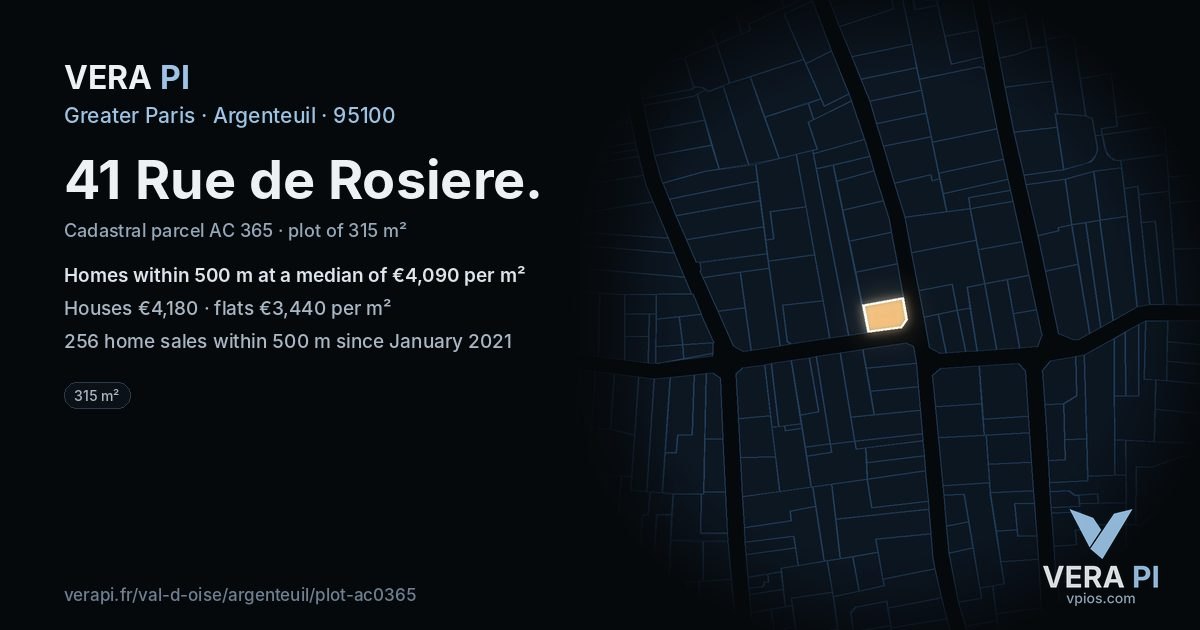 41 Rue de Rosiere, Argenteuil at night – the plot lit, the parcels around coloured by the prices near them