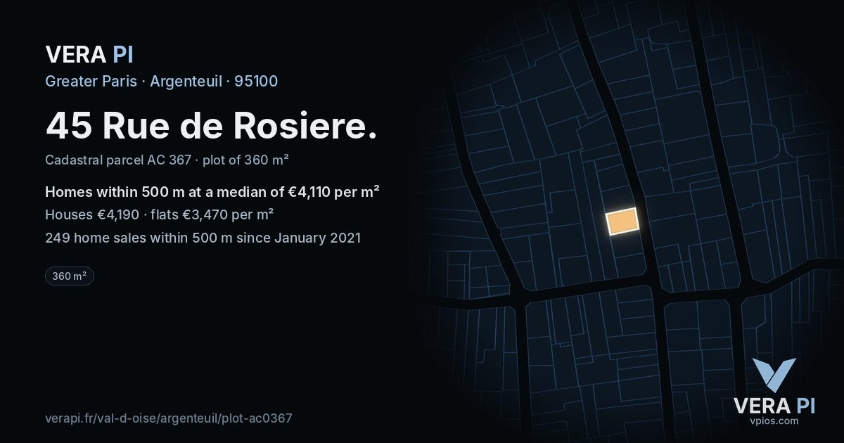 45 Rue de Rosiere, Argenteuil at night – the plot lit, the parcels around coloured by the prices near them