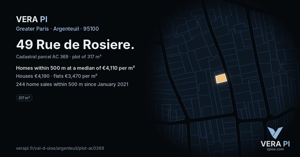 49 Rue de Rosiere, Argenteuil at night – the plot lit, the parcels around coloured by the prices near them
