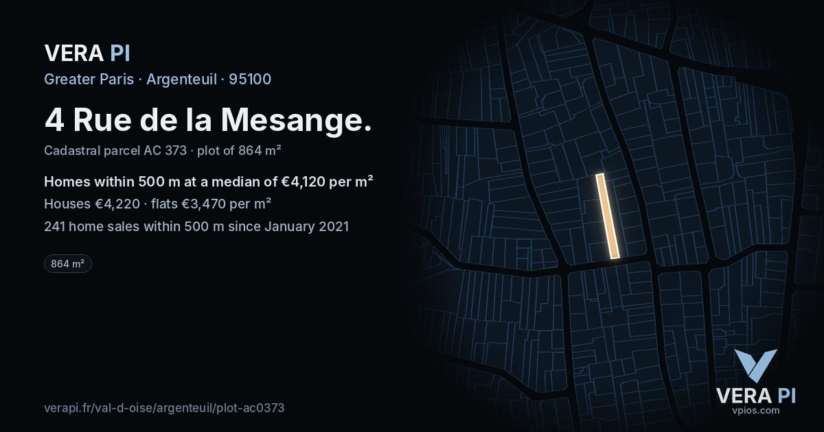 4 Rue de la Mesange, Argenteuil at night – the plot lit, the parcels around coloured by the prices near them