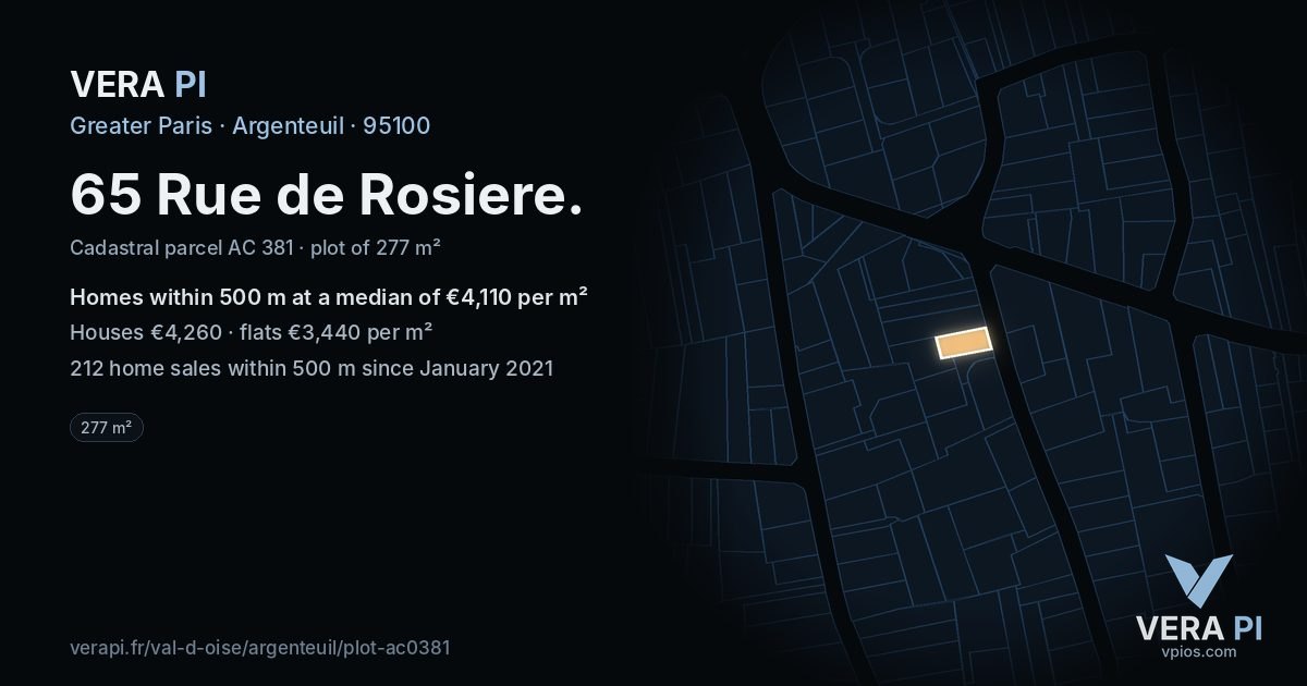 65 Rue de Rosiere, Argenteuil at night – the plot lit, the parcels around coloured by the prices near them