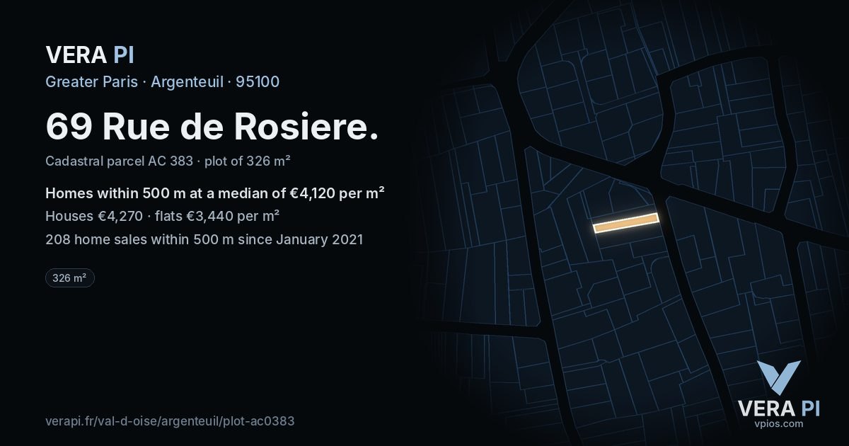 69 Rue de Rosiere, Argenteuil at night – the plot lit, the parcels around coloured by the prices near them
