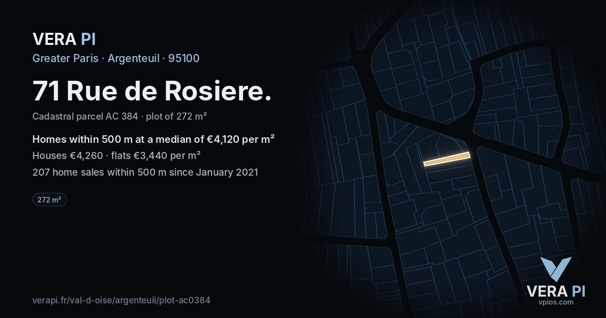 71 Rue de Rosiere, Argenteuil at night – the plot lit, the parcels around coloured by the prices near them