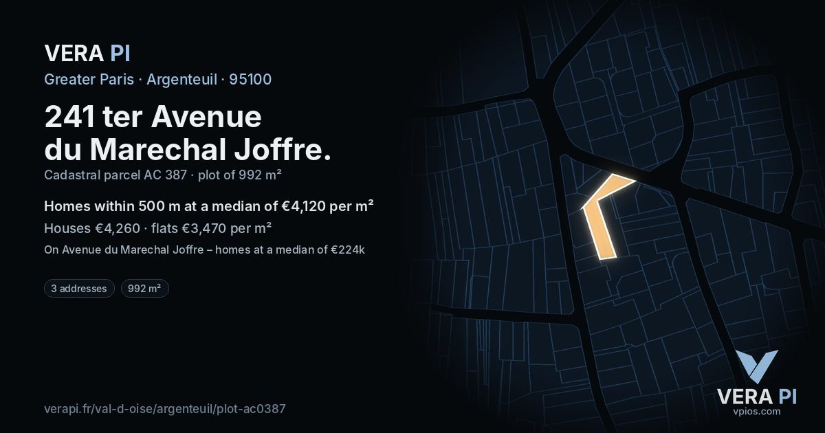 241 ter Avenue du Marechal Joffre, Argenteuil at night – the plot lit, the parcels around coloured by the prices near them