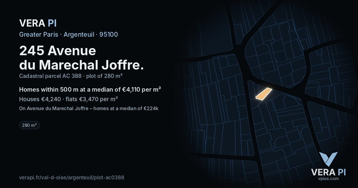 245 Avenue du Marechal Joffre, Argenteuil at night – the plot lit, the parcels around coloured by the prices near them