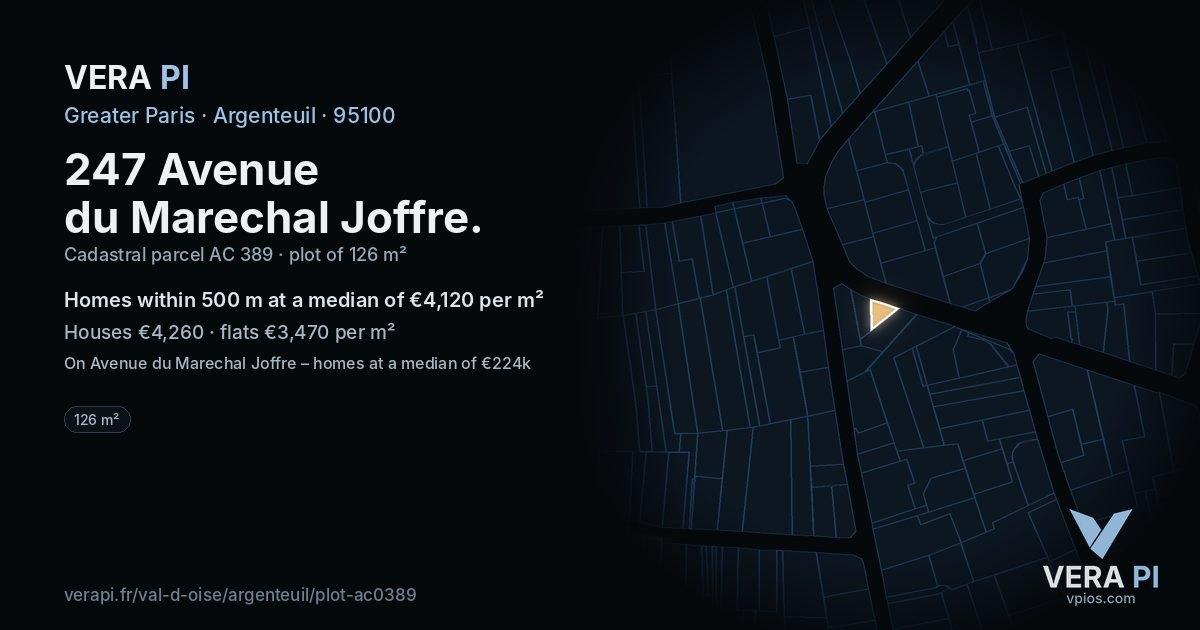247 Avenue du Marechal Joffre, Argenteuil at night – the plot lit, the parcels around coloured by the prices near them