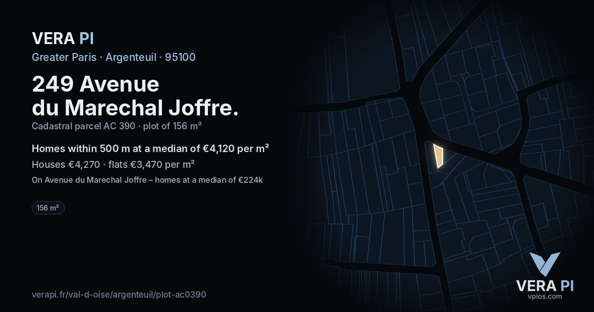 249 Avenue du Marechal Joffre, Argenteuil at night – the plot lit, the parcels around coloured by the prices near them
