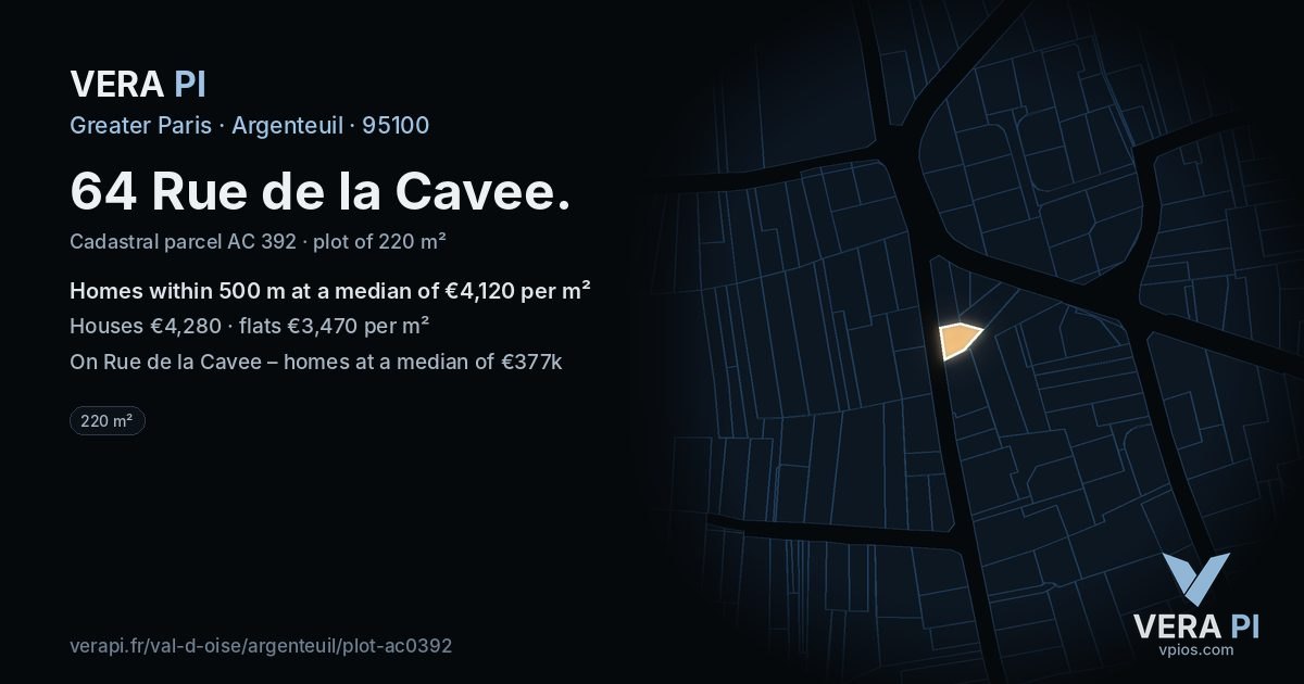 64 Rue de la Cavee, Argenteuil at night – the plot lit, the parcels around coloured by the prices near them