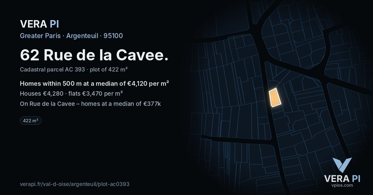 62 Rue de la Cavee, Argenteuil at night – the plot lit, the parcels around coloured by the prices near them