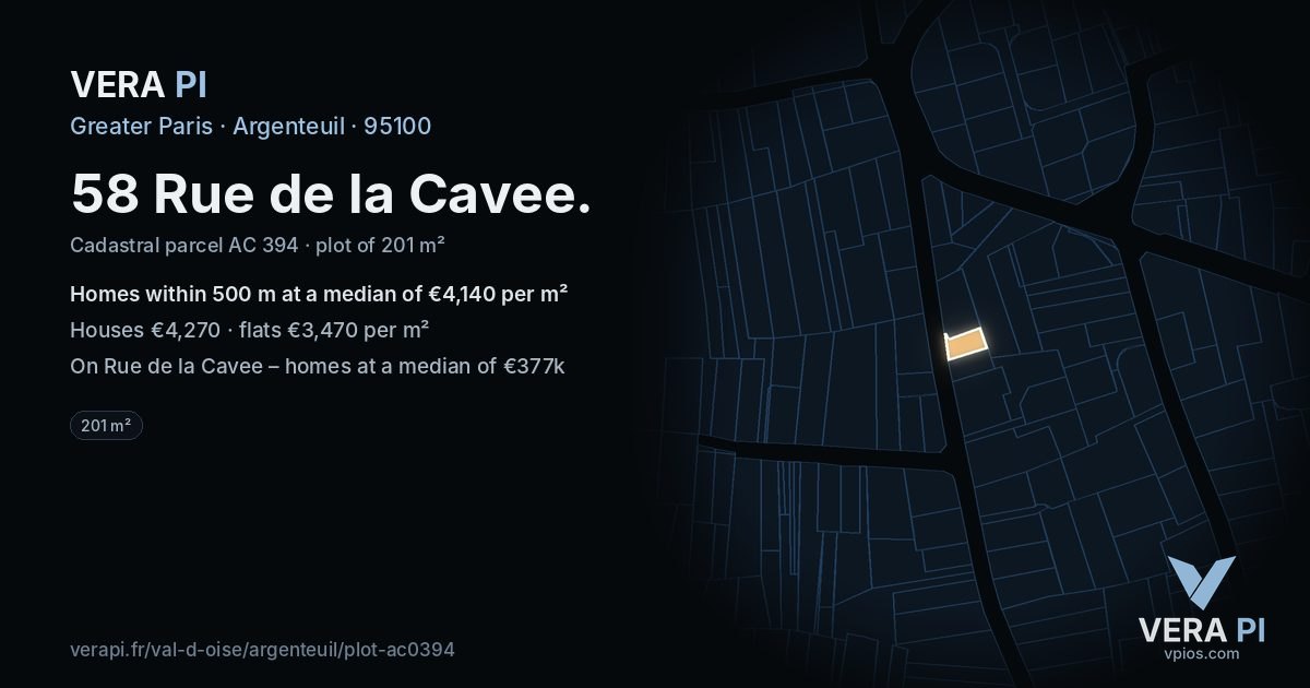 58 Rue de la Cavee, Argenteuil at night – the plot lit, the parcels around coloured by the prices near them