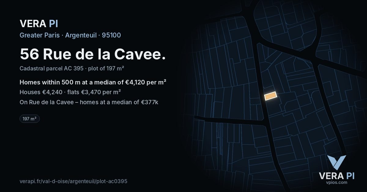 56 Rue de la Cavee, Argenteuil at night – the plot lit, the parcels around coloured by the prices near them