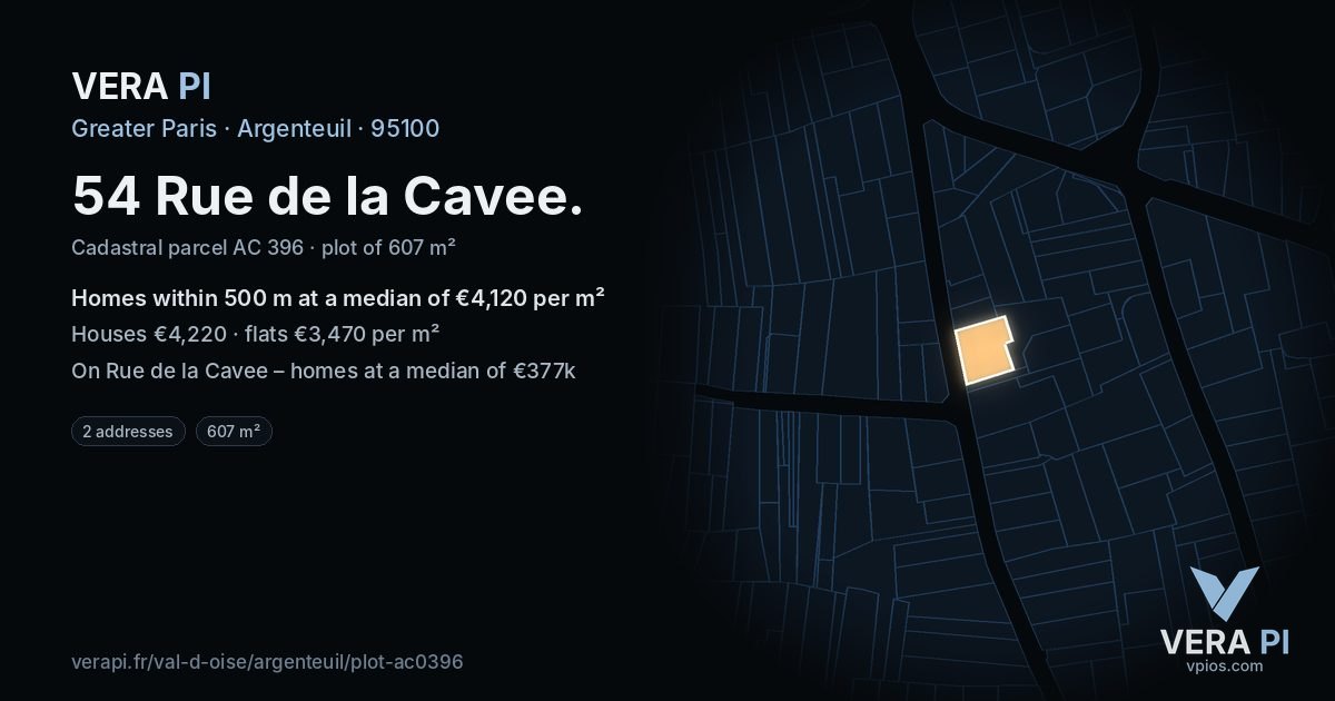 54 Rue de la Cavee, Argenteuil at night – the plot lit, the parcels around coloured by the prices near them