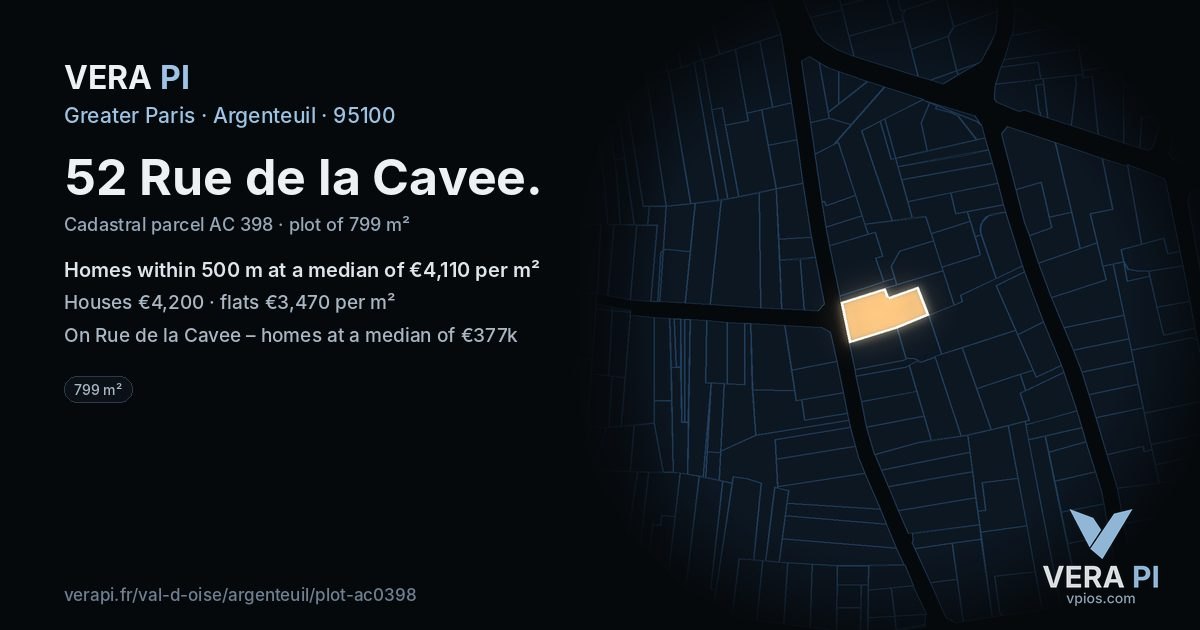 52 Rue de la Cavee, Argenteuil at night – the plot lit, the parcels around coloured by the prices near them