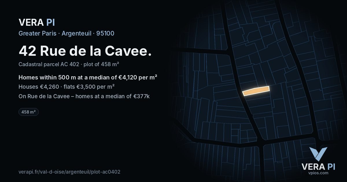 42 Rue de la Cavee, Argenteuil at night – the plot lit, the parcels around coloured by the prices near them