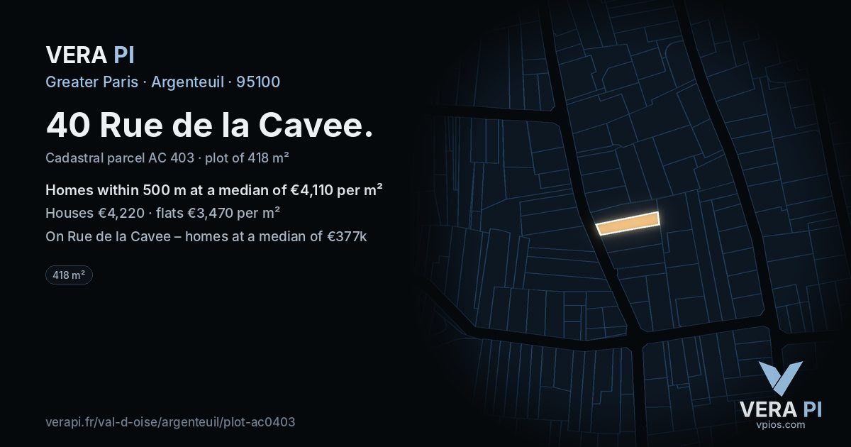 40 Rue de la Cavee, Argenteuil at night – the plot lit, the parcels around coloured by the prices near them