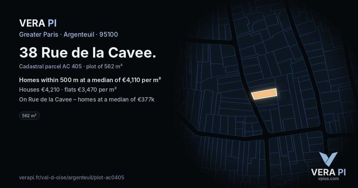 38 Rue de la Cavee, Argenteuil at night – the plot lit, the parcels around coloured by the prices near them