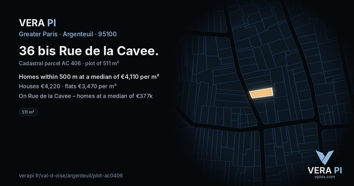 36 bis Rue de la Cavee, Argenteuil at night – the plot lit, the parcels around coloured by the prices near them