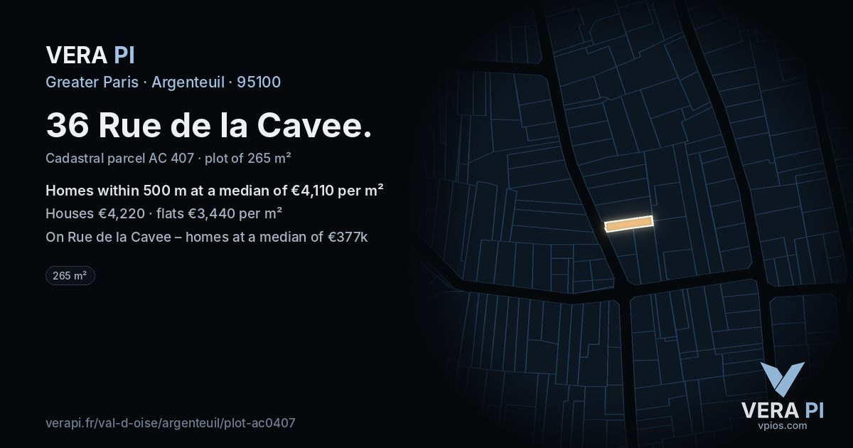 36 Rue de la Cavee, Argenteuil at night – the plot lit, the parcels around coloured by the prices near them
