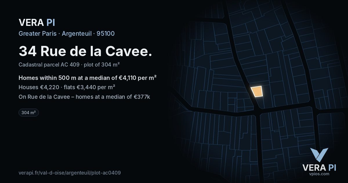 34 Rue de la Cavee, Argenteuil at night – the plot lit, the parcels around coloured by the prices near them