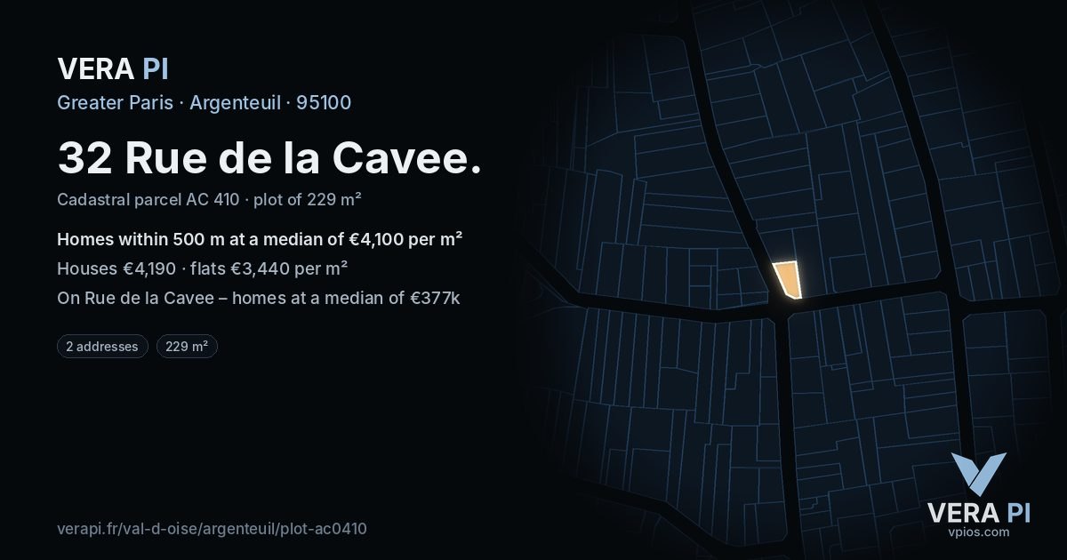 32 Rue de la Cavee, Argenteuil at night – the plot lit, the parcels around coloured by the prices near them