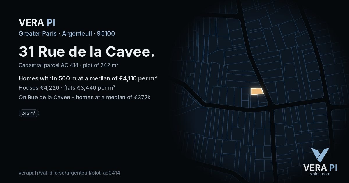 31 Rue de la Cavee, Argenteuil at night – the plot lit, the parcels around coloured by the prices near them