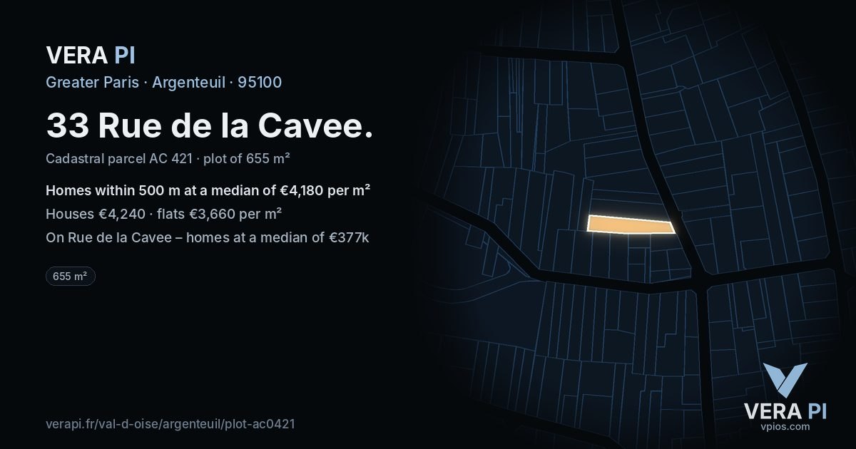 33 Rue de la Cavee, Argenteuil at night – the plot lit, the parcels around coloured by the prices near them