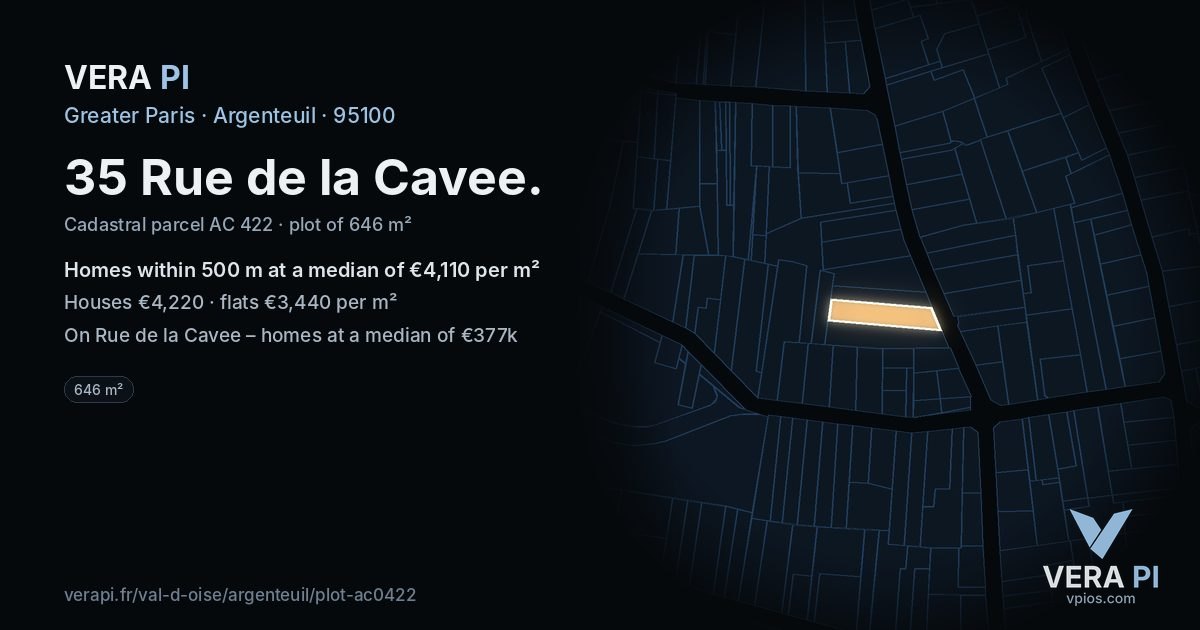 35 Rue de la Cavee, Argenteuil at night – the plot lit, the parcels around coloured by the prices near them