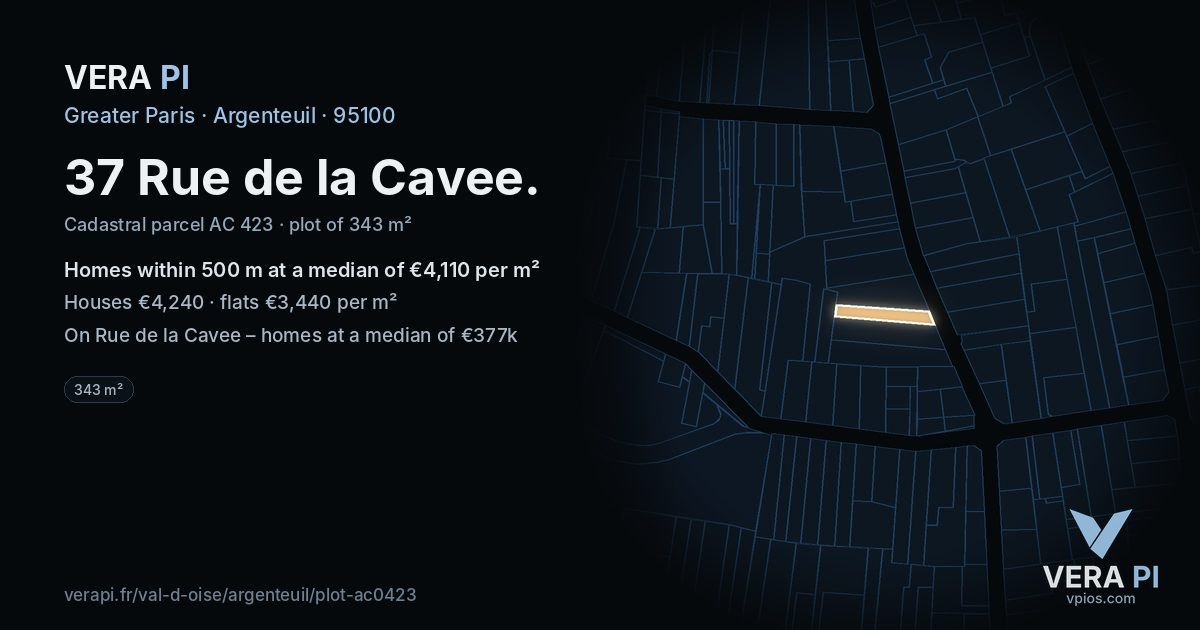 37 Rue de la Cavee, Argenteuil at night – the plot lit, the parcels around coloured by the prices near them