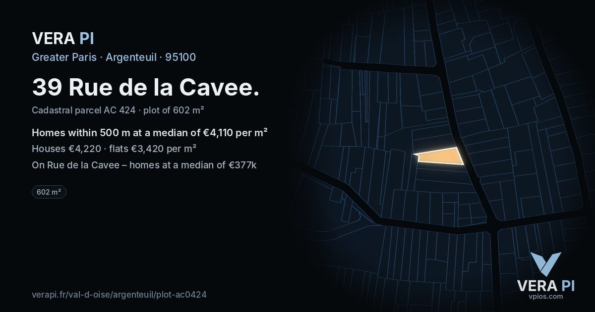 39 Rue de la Cavee, Argenteuil at night – the plot lit, the parcels around coloured by the prices near them