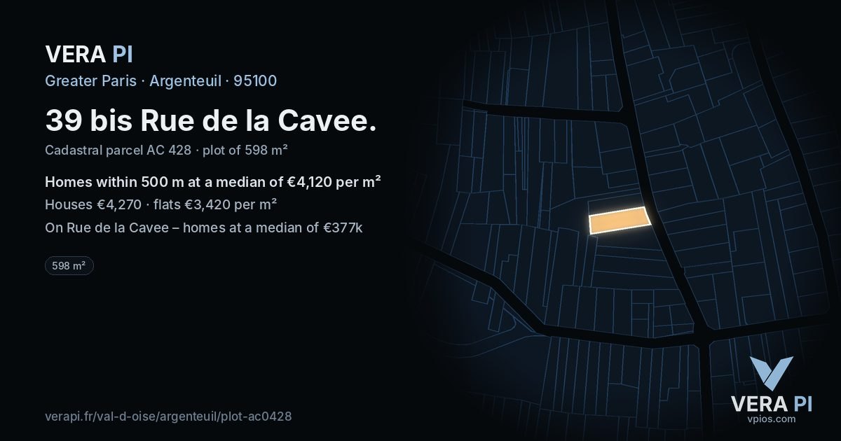 39 bis Rue de la Cavee, Argenteuil at night – the plot lit, the parcels around coloured by the prices near them