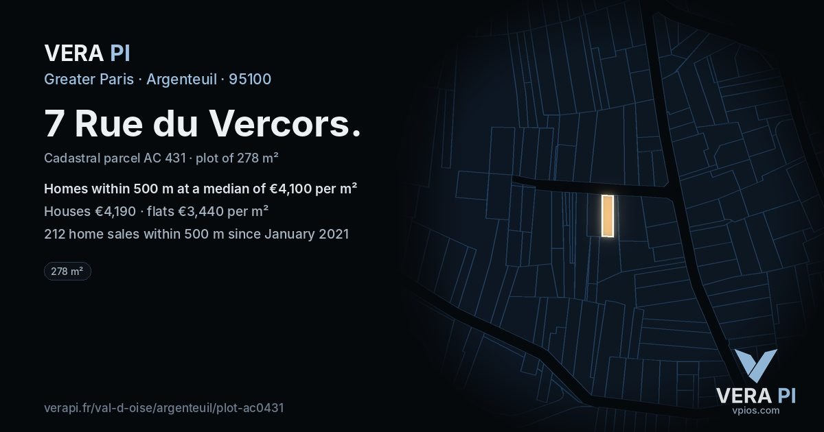 7 Rue du Vercors, Argenteuil at night – the plot lit, the parcels around coloured by the prices near them
