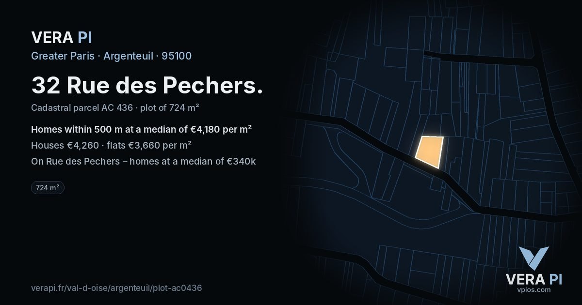 32 Rue des Pechers, Argenteuil at night – the plot lit, the parcels around coloured by the prices near them