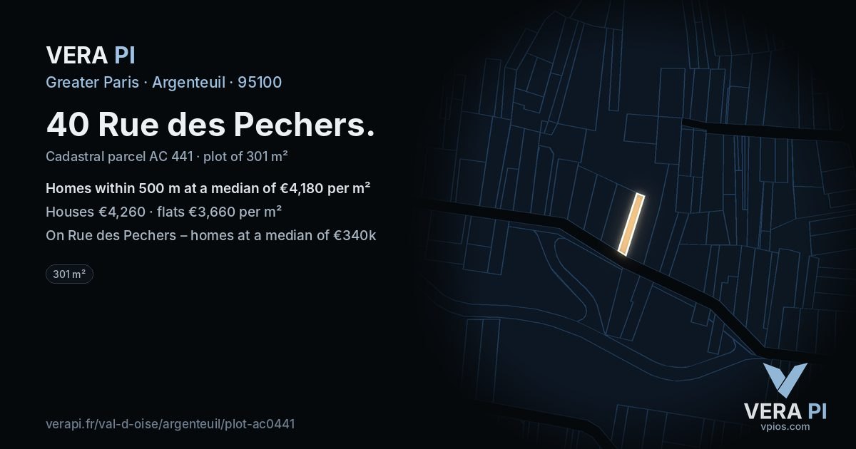 40 Rue des Pechers, Argenteuil at night – the plot lit, the parcels around coloured by the prices near them