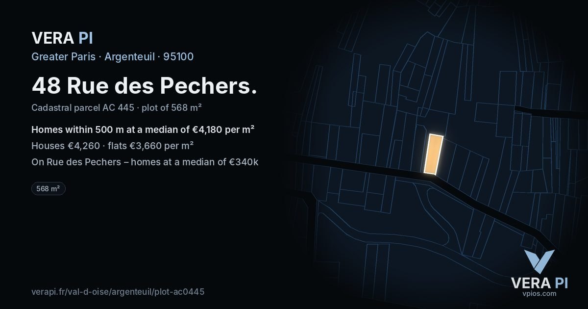 48 Rue des Pechers, Argenteuil at night – the plot lit, the parcels around coloured by the prices near them