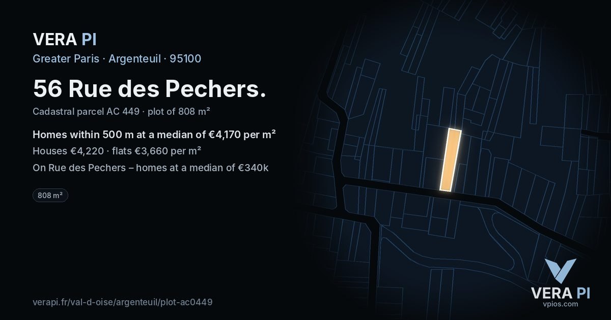 56 Rue des Pechers, Argenteuil at night – the plot lit, the parcels around coloured by the prices near them