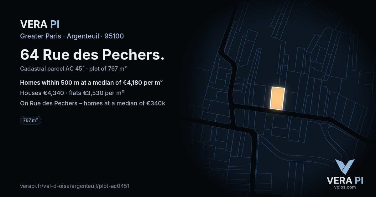 64 Rue des Pechers, Argenteuil at night – the plot lit, the parcels around coloured by the prices near them