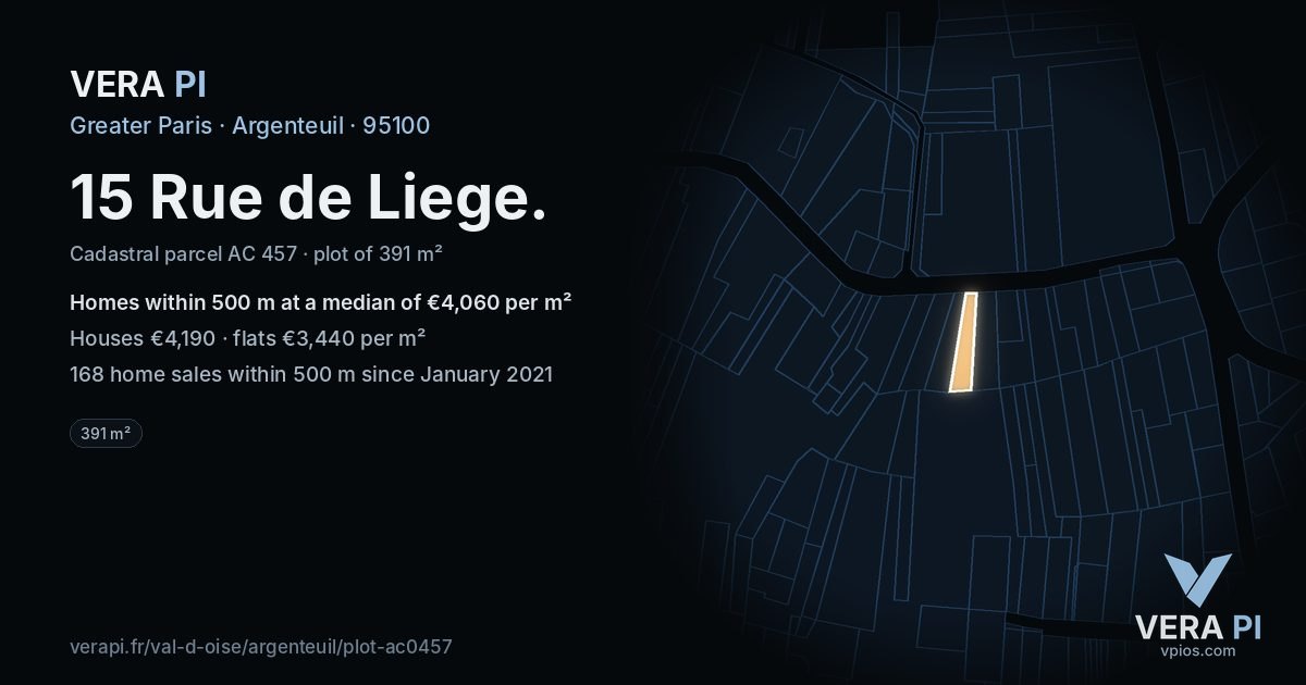 15 Rue de Liege, Argenteuil at night – the plot lit, the parcels around coloured by the prices near them