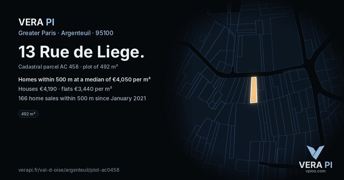 13 Rue de Liege, Argenteuil at night – the plot lit, the parcels around coloured by the prices near them