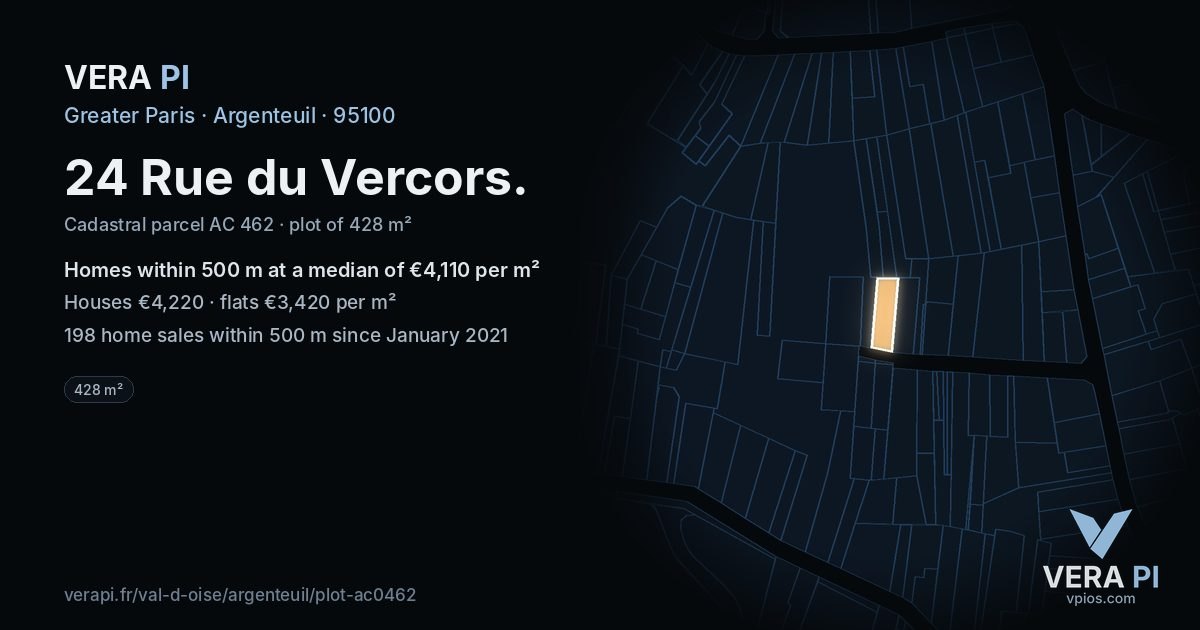 24 Rue du Vercors, Argenteuil at night – the plot lit, the parcels around coloured by the prices near them