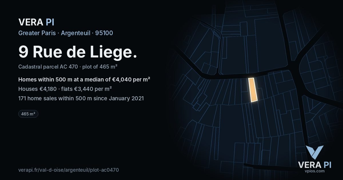 9 Rue de Liege, Argenteuil at night – the plot lit, the parcels around coloured by the prices near them