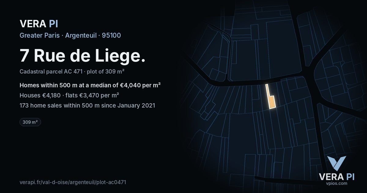 7 Rue de Liege, Argenteuil at night – the plot lit, the parcels around coloured by the prices near them
