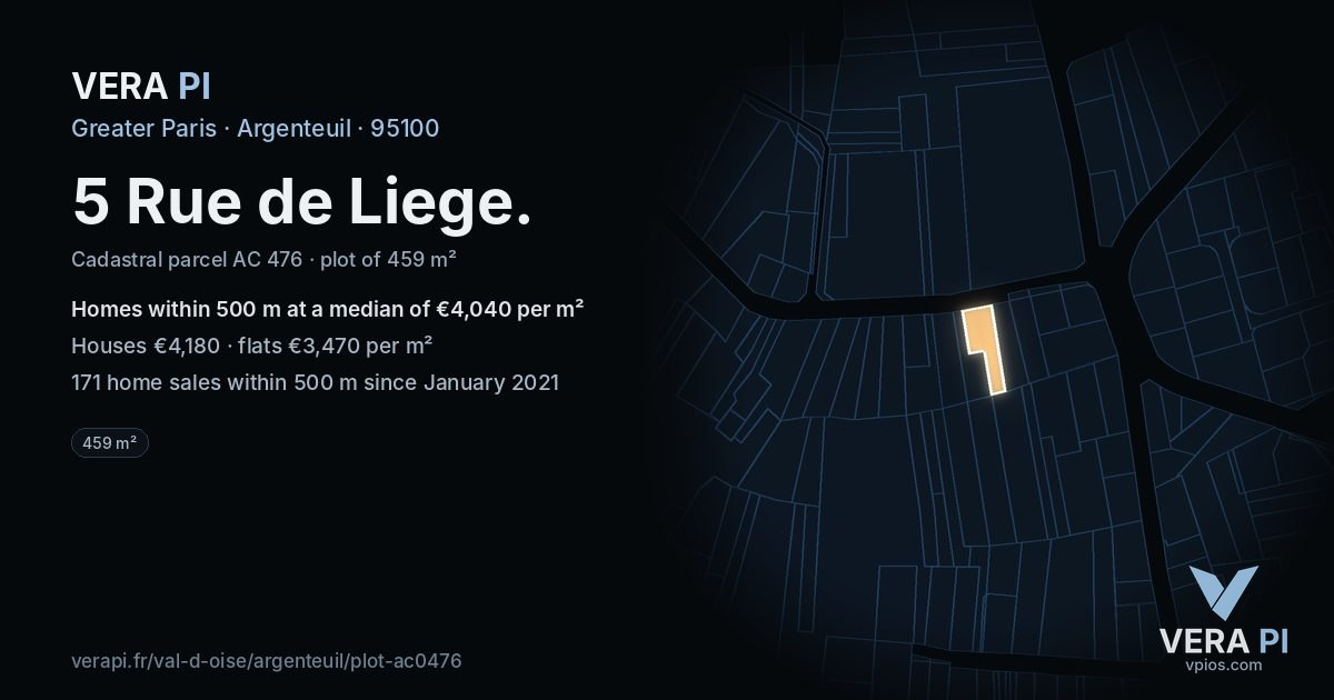 5 Rue de Liege, Argenteuil at night – the plot lit, the parcels around coloured by the prices near them