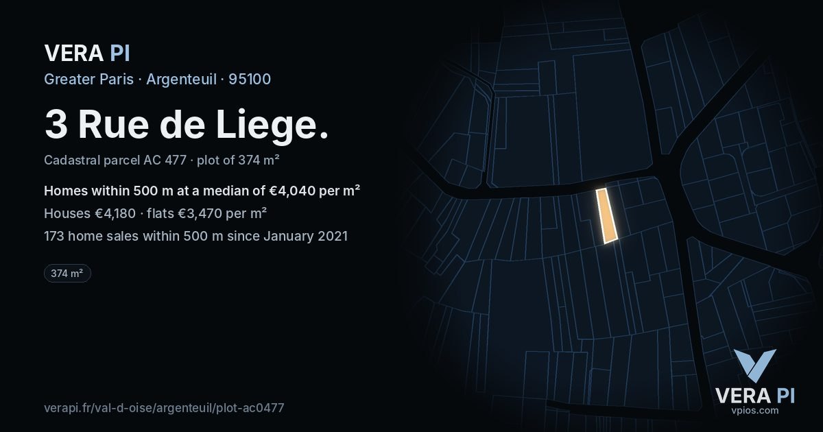 3 Rue de Liege, Argenteuil at night – the plot lit, the parcels around coloured by the prices near them