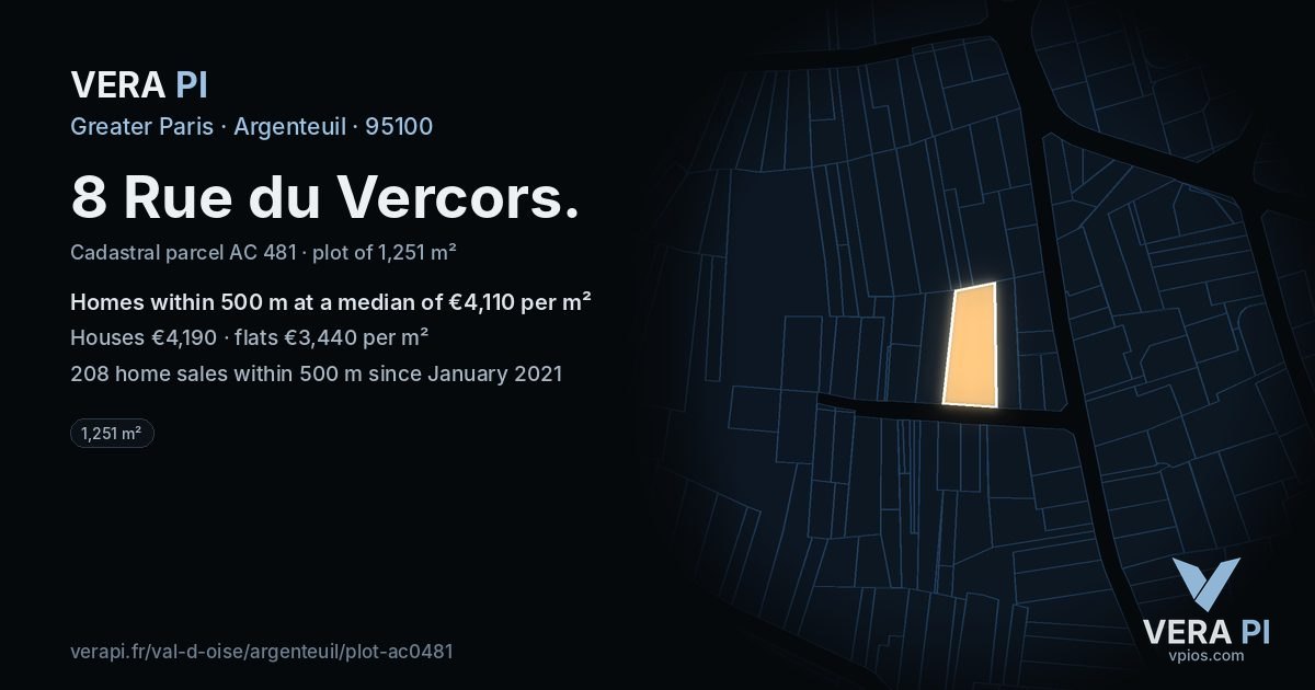 8 Rue du Vercors, Argenteuil at night – the plot lit, the parcels around coloured by the prices near them