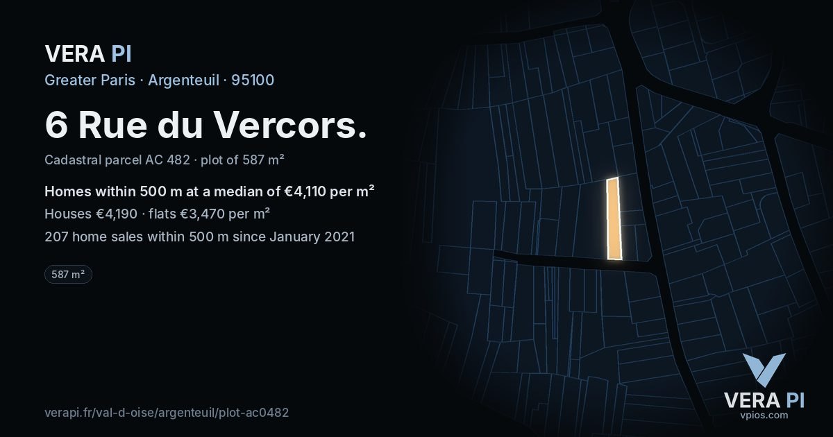 6 Rue du Vercors, Argenteuil at night – the plot lit, the parcels around coloured by the prices near them