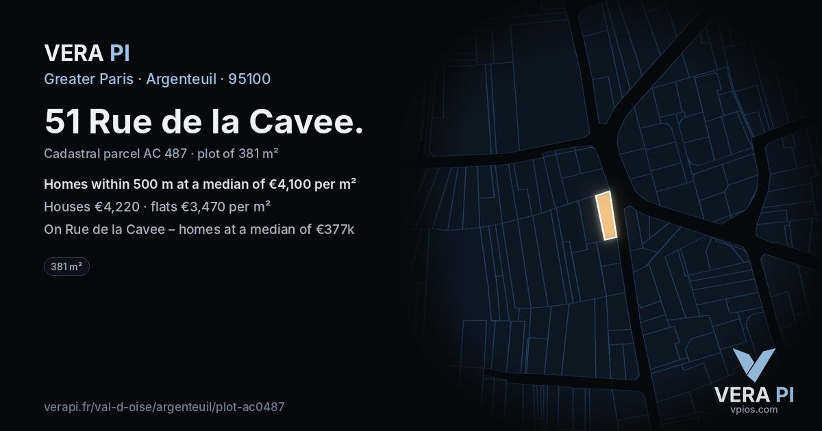 51 Rue de la Cavee, Argenteuil at night – the plot lit, the parcels around coloured by the prices near them